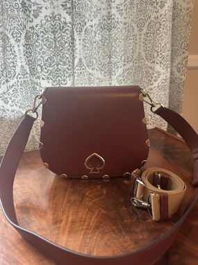 kate spade brown leather crossbody saddle bag with gold studs